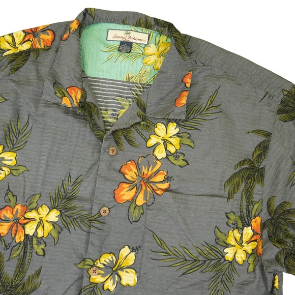 Tommy Bahama Other - Tommy Bahama Button Shirt Mens Large Grey Silk Cotton Tropical Hibiscus Floral